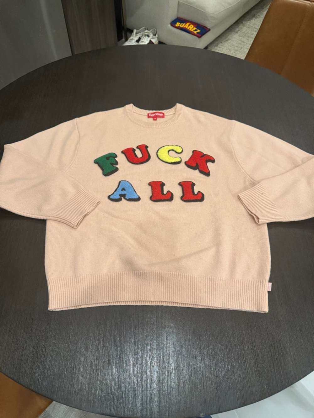 Supreme Pink Crewneck Sweater with Multicolor Chenille Letters